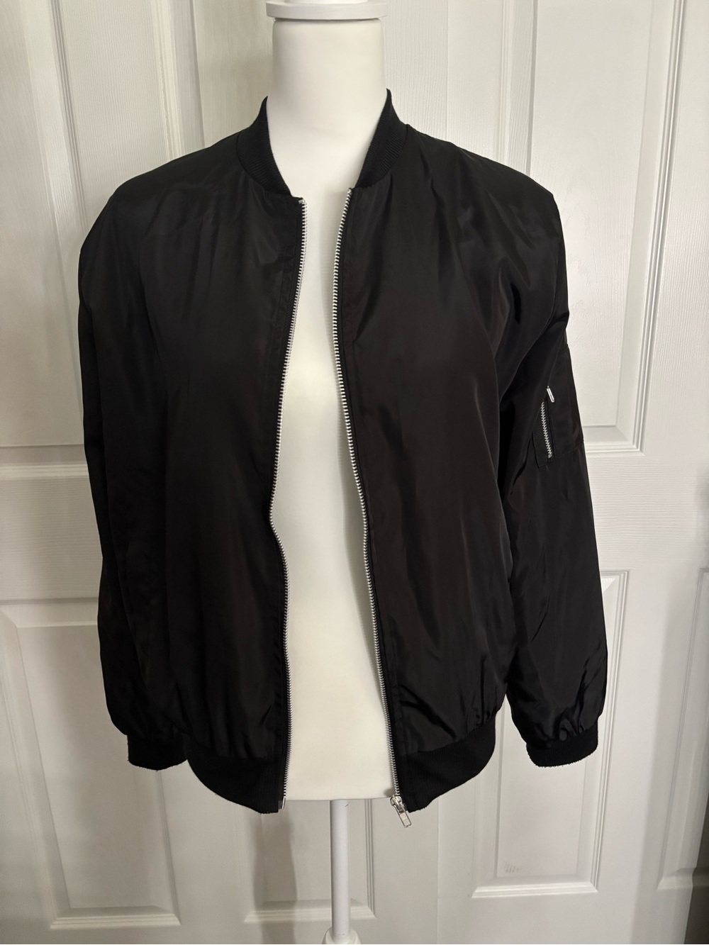 Allegra K Women's Black Bomber Jacket Full Zip Long Sleeve Short, Size M